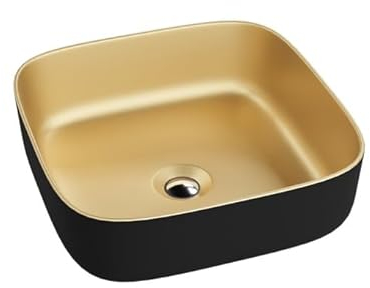 LAVITA Aufsatzwaschtisch Galera Mini Gold/Black Aufsatzwaschbecken Quadrat Waschbecken ohne Überlauf und Hahnloch Aus hochwertigem Porzellan Waschtisch Badkeramik Waschplatz 39x39x14 cm Schwarz/Gold