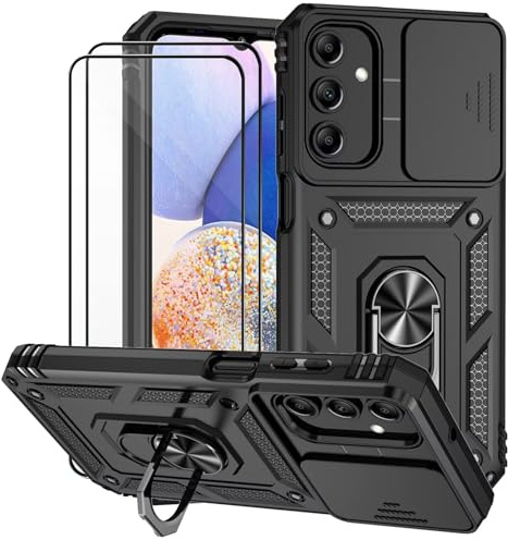 Dechyi Cover per Samsung galaxy A15 4G / 5G con Vetro Temperato Custodia con Scorrevole Protezione Fotocamera Custodia Rotante Anello Supporto Antiurto TPU Bumper Custodie-Nero
