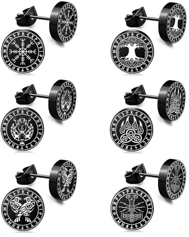 Bulckrew Herren Ohrringe Wikinger Ohrstecker: 6 Paare Ohr Stecker Kreis Viking Gothic Stil Schwarz Studs Piercing aus Edelstahl Lebensbaum Wolf Bärentatze Muster Geschenk für Männer