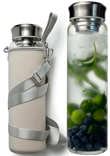 drinmoaer Bouteille en verre de 1 l avec couvercle en acier inoxydable - Bouteille d'eau froide à large ouverture avec housse en néoprène - Gourde de 1 l