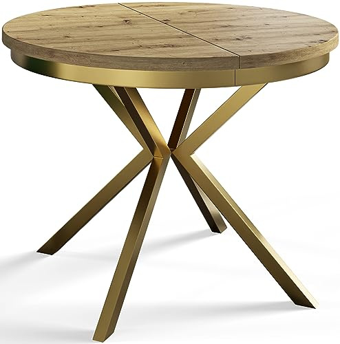 Esszimmertisch BERGO, Durchmesser: 90-170 cm, Mattbraun, Gold Beine | Runder Tish, Ausziehbarer Tisch, Wohnzimmertisch mit Metallbeinen
