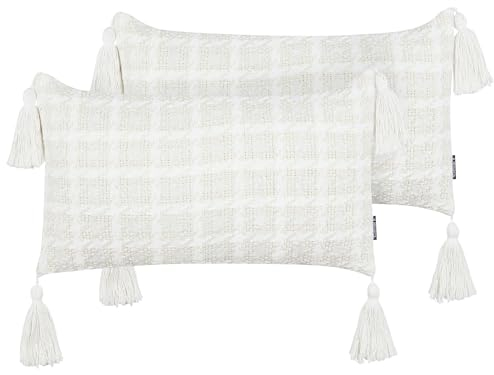 Dekokissen 2er Set beige/weiß Kariertes Muster 30 x 60 cm mit Quasten Douris