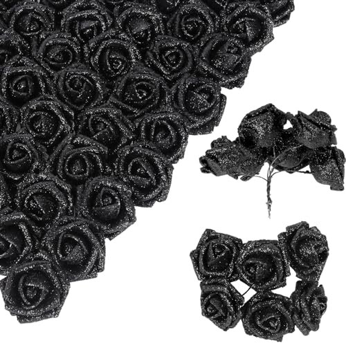 INSUNSIX Black Glitter Roses,60PCS Fake Glitter Flowers Bouquet for DIY Wedding Home Party Christmas Halloween Decoration(Black)