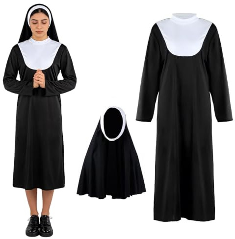 Tutukyle Nonnen Kostüm Damen, Schwarz Nonnen Kostüm, Gruselig Halloween Kostüm Damen,3 Stücke Halloween Nonnen Kostüm mit Nonnenhaube Kreuzkette für Halloween, Karneval, Themenparty, Kostümparty