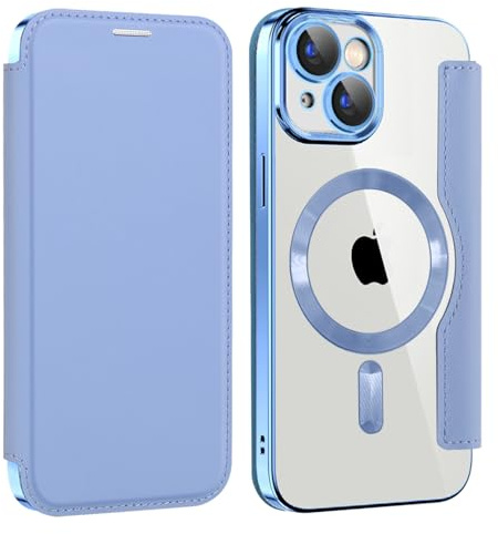 Unichthy Magnetic Phone Case for iPhone 15 Flip Clear Cover，Light Blue | Strong Magnetic Attachment, RFID Blocking Card Holder, Shockproof PU Leather TPU Back, Individual Protection for Each Lens