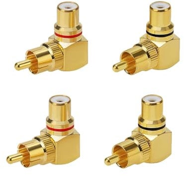 GERUI Adattatore RCA ad angolo retto, 4 pezzi, adattatore RCA maschio a femmina, 90 gradi, adattatore ad angolo retto placcato oro, adattatore RCA ad angolo retto