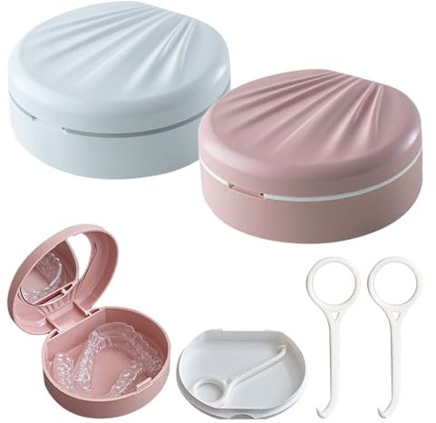 Dzmuero Zahnspangendose, Prothesendose, 2 Teilige Prothesenbox mit Spiegel, mit 2 Aligner Entfernungswerkzeugen für Zahnspangen oder Zahnprothesen, Reinigungsaufbewahrung für Reisen, Weiß und Rosa
