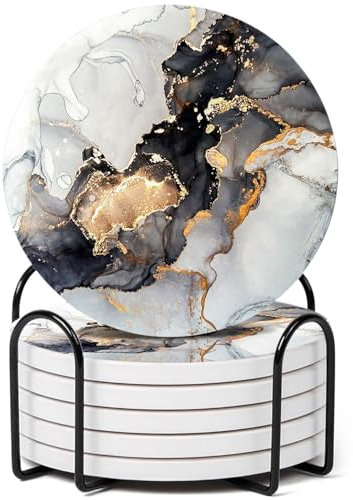 Marble Design Ceramic Coasters Set of 6 with Holder and Cork Base - Delux Grey Home Accessories for Drinks, Cup and Table Decor, 10cm/4inch