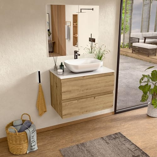 BELLOBATH Mueble Baño Suspendido 100 cm Roble/Blanco, Lavabo y Espejo