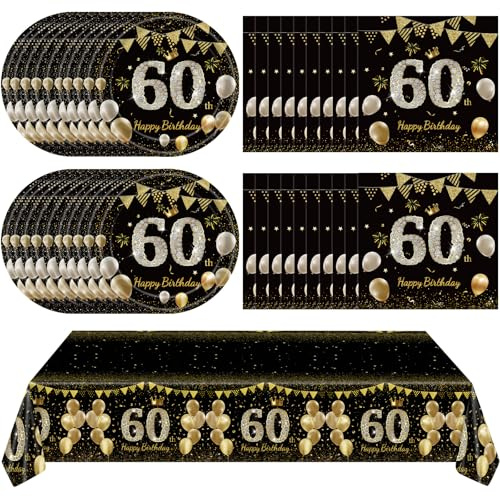 41Pcs 60th Birthday Decorations for Men Women, Black Gold 60 Year Old Birthday Party Supplies Include 20 Plates 20 Napkins and 1 Tablecloth, Black Gold 60 Aged Birth Party Tableware