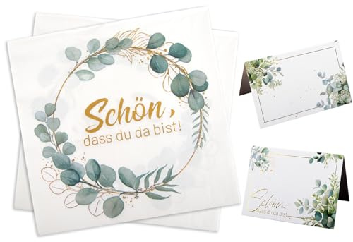 20 Stück Tischkarten und 20 Servietten Schön Dass Du Da Bist, Servietten Eukalyptus mit Spruch 33x33cm, Namenskarten 11x8.5cm für Hochzeit Jubiläum Geburtstag Taufe Kommunion Tischdeko