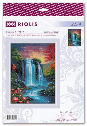 RIOLIS 2274 Magischer Wasserfall Zählmuster-Kreuzstich-Set 29.8 x 40 cm | Natur Motiv, 14 ct schwarz Zweigart Aida, 30 Wolle/Acryl Farben, Mittelstufe, Stickvorlage & Nadel inklusive