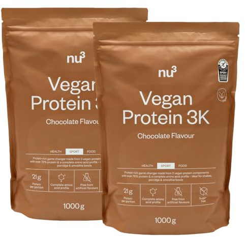 nu3 Vegan Protein 3K Schokolade 1kg- Protein-Powder, pflanzlich, laktosefrei, ohne Soja, zuckerarm, gelatinefrei, Aspartamfrei, Cremig, Eiweißpulver für Muskelaufbau, Training & Alltag - 2x1000 g