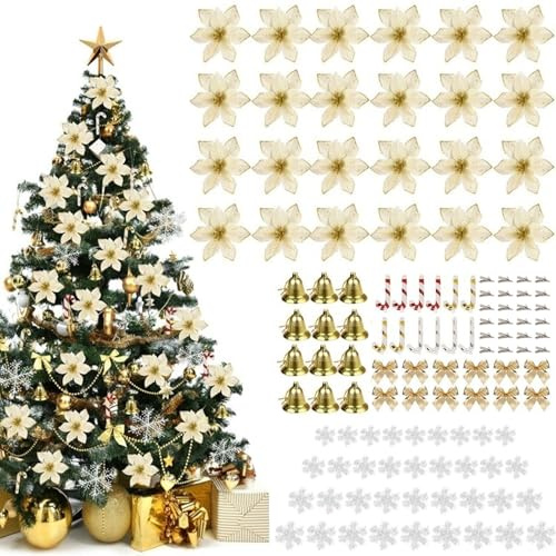 120 Stück Christbaumschmuck Gold mit Weihnachtsblumen Schneeflocken Schleife Zuckerstangen Weihnachtsglöckchen Prächtige Weihnachtsbaum Deko für Christbaum Weihnachtskranz Weihnachtsgirlande