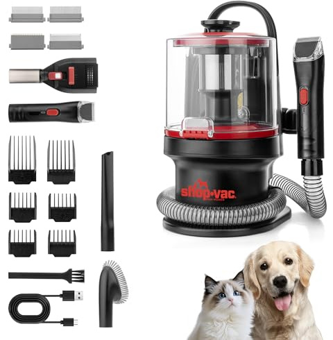 Shop-Vac Aspirateur de toilettage 4 en 1 pour animaux de compagnie, aspirateur de toilettage pour la perte de poils, tondeuse, brosses et suceur plat, aspiration 10 000 Pa, ventouse de 3,3 L, pour la