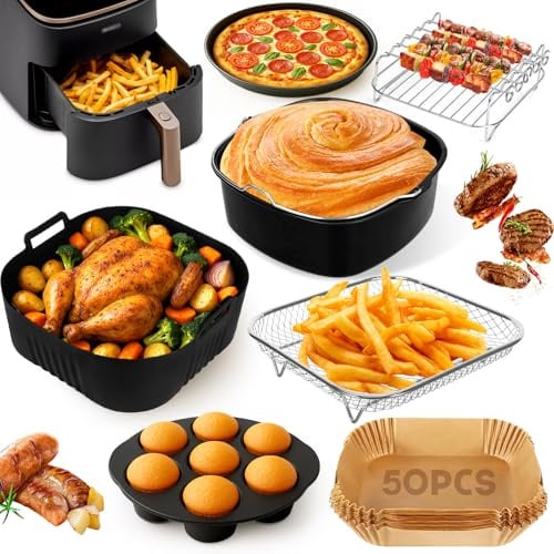 Heißluftfritteuse Zubehör für COSORI Turboblaze 6L Airfryer XXL 5,5L 6,4L | 7-teiliges Zubehör Set für 4,5L-7,2L mit Backform Grillrost Kuchenformen Air Fryer Silikon Einsatz