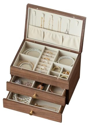 YESWOOD Schmuckkästchen aus massivem Walnussholz mit Samtfutter, Magnetic Flip-Top and Dual Drawers, 3 Layer Wooden Jewellery Organiser for Women for Ring, Earring, Necklace (Black Walnut)