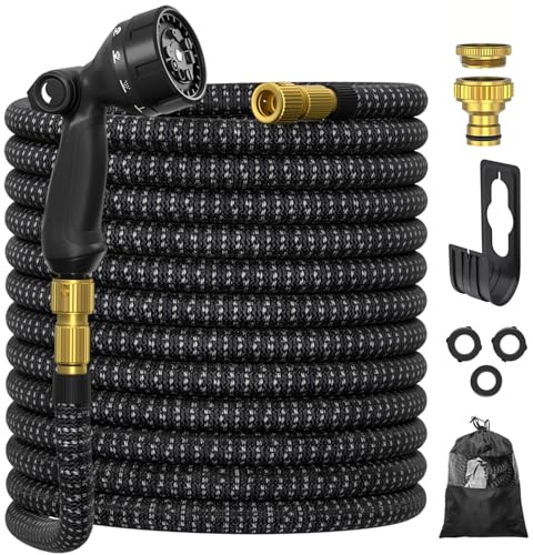 Expandable Garden Hose 50FT, Ultty Hosepipe with 10 Function Nozzle, 1/2 & 3/4 Solid Metal Fittings Durable 3750D Weave No-Kink Lightweight Outdoor Yard Flexible Water Hose, Black