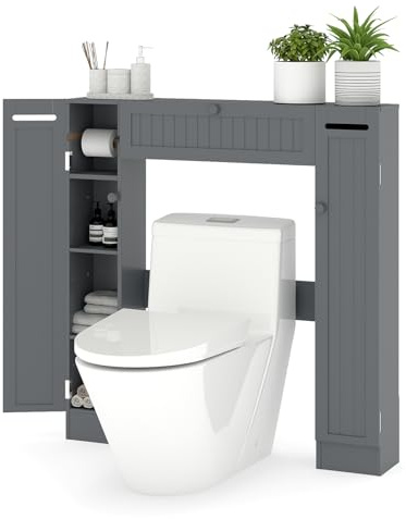 COSTWAY Meuble WC au-Dessus des Toilettes, Etagère de Rangement de Salle de Bains, avec Porte-Rouleau et Placards, 19,5 x 89 x 99 cm (19,5 x 89 x 99 cm,Gris)