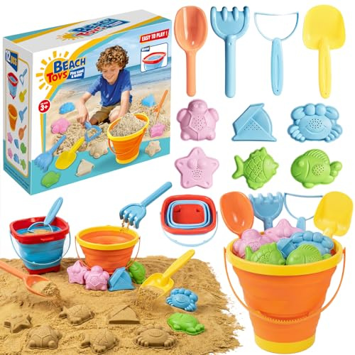 Ensemble de Jeux de Plage pour Enfants,12 Pièces avec Seau Pliable, Pelle, Râteau et Moules Animaux,Sac de Rangement Inclus,Dès 3 Ans