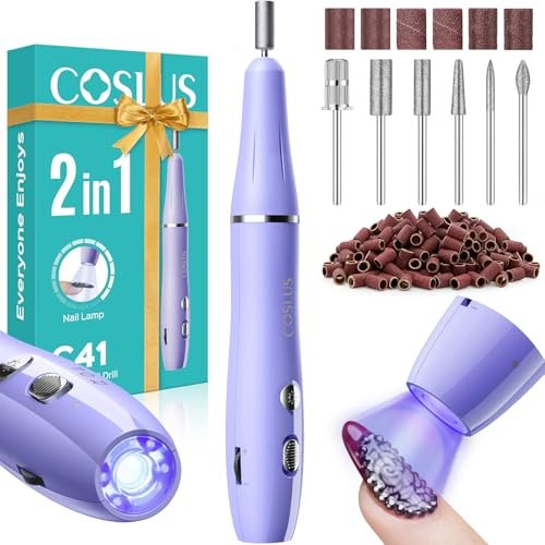 COSLUS C41 Cordless Electric Nail Drill File 2 in 1 with Lamp for Polish | Professional Manicure Set for Acrylic and Gel Nails, Professional Efile Manicure Pedicure Set for Home & Salon, Purple