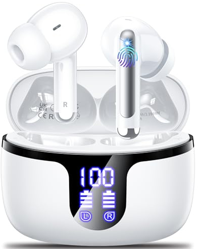 Ecouteurs Bluetooth sans Fil,Monyhigh Écouteur sans Fil 5.4,avec 4 ENC Réduction Antibruit Mic,IP7 Etanche LED Écran 48H Durée Lecture HiFi Stéréo Casque Bluetooth,Sport/Travai pour iOS Android,Blanc