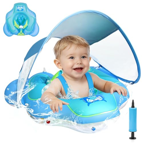 Salvagente Neonato con Parasole, Ciambella Neonato Mare, Anello Galleggiante per Bambini SPF 50+ Sedile di Sicurezza Regolabile, per Bambini da 6 a 36 mesi