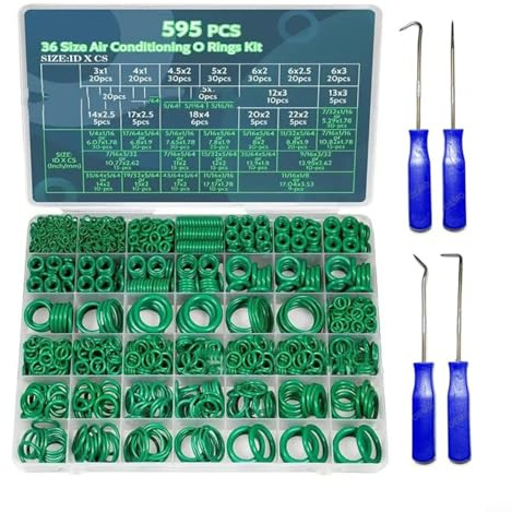 Glewi Kit di Anello O in Gomma per Climatizzatore Auto, Set di Guarnizioni in Gomma Nitrile da 595 Pezzi con Ganci, Anelli di Tenuta Verdi per Compressore di Aria Condizionata Auto, Guarnizioni