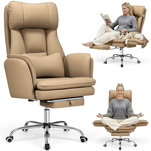 Warmiehomy Big and Tall Office Chair Comfy, Criss Cross Office Chair, Khaki | PU Computer Desk Chairs, Flip Armrests for Pets and Cross Legged, Ergonomic Office Chair with Footrest, Lumbar Support, Wide