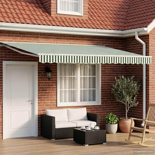 Tenda avvolgibile retrattile elettrica verde bianco 4x3.5m tenda da sole terrazza motorizzata con telecomando e manovella, struttura semi-cassetta in acciaio e alluminio, tessuto poliestere PU