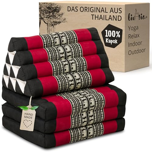 livasia Thaikissen mit 3 Auflagen - 175x50x8cm - Dreieckskissen mit Klappmatratze, Keilkissen Kapok, Rückenkissen faltbar, Thaimatte zum Klappen, handgefertigt, Meditationskissen (Schwarz/Elefanten)