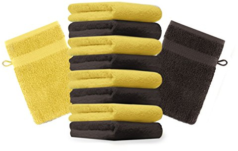 Betz 10 Stück Waschhandschuhe Premium 100% Baumwolle Waschlappen Set 16x21 cm Farbe gelb und Dunkelbraun