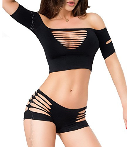 Chilirose CR 3779 Sexy Top & Shorts mit Cutouts, Schwarz, SM