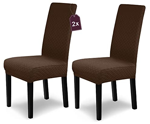 Scheffler-Home Stuhlhussen Emil Braun 2er Set Schachbrett Muster Karo 3D-Textur Stretch elastische Stuhlabdeckungen für Schwingstühle Hochlehner mit 4-Flex-Saum