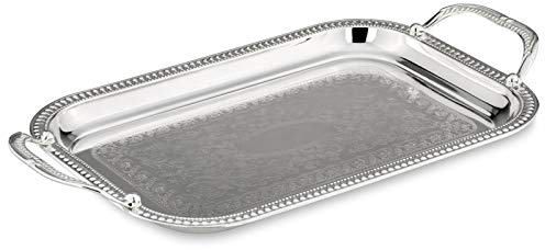 großes breites Silbertablett 43 x 24 cm - flaches versilbertes Dekotablett ohne Füße - rechteckiges silbernes Deko Serviertablett für Speisen und Getränke - mit Griffe