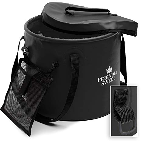 The Friendly Swede Faltbarer Eimer, Faltschüssel für Camping, Garten, Outdoor - zusammenklappbarer Falteimer, Wassereimer, Angel Eimer mit Deckel und Mesh Tasche, (Schwarz 23 Liter)