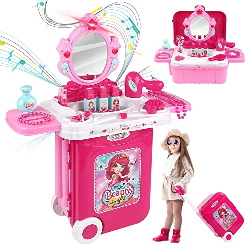 Dreamon Schminkset Rollenspiel Spielzeug 3 in 1 Tragbarer Schminktisch mit Kosmetik Zubehör in Koffer Regalo für Kinder Mädchen Prinzessin