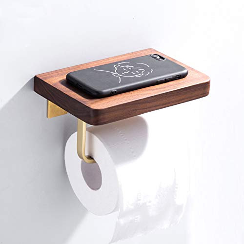 Porte papier toilette bois, support papier toilette mural de téléphone portable avec étagère, surface en laiton poli de style moderne porte serviettes en papier accessoires de salle de bain en rouleau