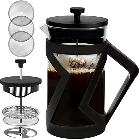 FAVIA French Press Klein Kaffeebereiter Doppelwandig Isoliert mit 4 Edelstahl Filtern, Hitzebeständig,Borosilikatglas Kaffeepresse,Coffee Press 0,35 Liter (2 Tassen)