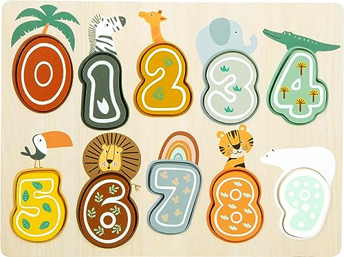 Small Foot Setzpuzzle Zahlen Safari aus Holz, 10-teiliges Lernpuzzle mit ENGL. Bezeichnungen, ab 1 Jahr, 11702 Spielzeug