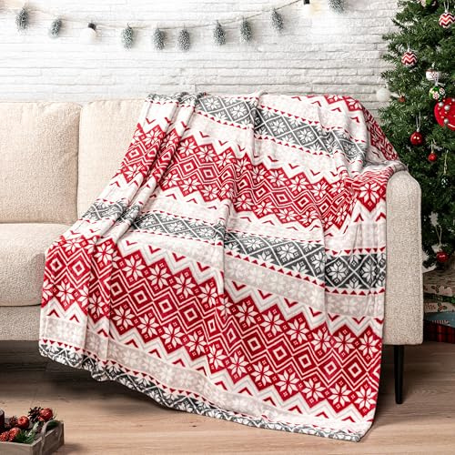 PAVILIA Christmas Throw Blanket | Holiday Christmas Red Fleece Blanket | Soft, Plush, Warm Winter Cabin Throw, 60x80 (Red Snowflakes)