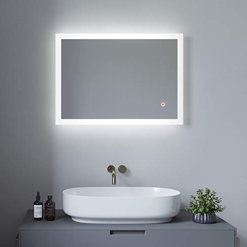 AQUABATOS 50x70 cm LED Badspiegel Wandspiegel Badezimmerspiegel mit Beleuchtung lichtspiegel Bad Spiegel Badezimmer Spiegel Touch Schalter Farbtemperatur Kaltweiß 6400K IP44 CE energiesparend