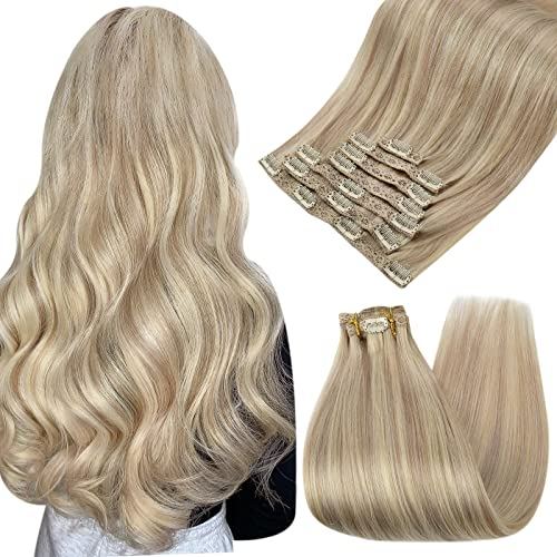 Ugeat Echthaar Extensions Clip 45cm Aschblond Invisible Hair Clip in Extensions Echthaar Blond Highlight Natürlich Haarverlängerung Glatt 120g 7Stück für Reisen #18/613
