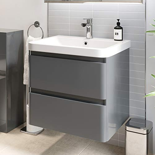 Affine® 600mm Vanity Unit Wash Basin Sink Bathroom Wall Mounted Storage Cabinet Cupboard Cloakroom, Soft Close Drawers, Grey Gloss