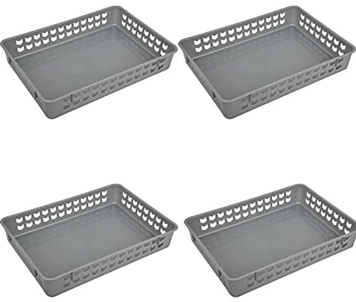 FenixDepot 4 Storage Organizing Stationary Plastic Trays Baskets 35x25 cm - Set of 4 (Silver)