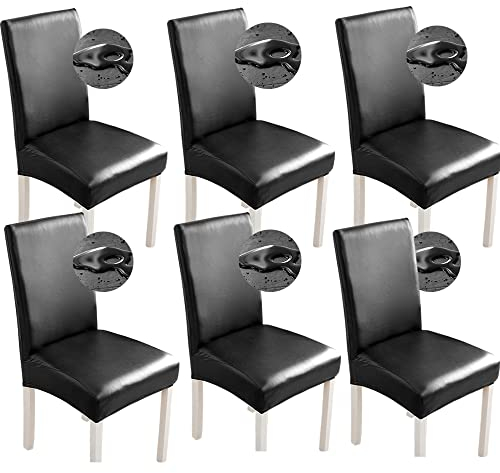 Bestenrose Stuhlhussen 6er/4er PU Leder Stuhlbezug wasserdichte Stretch Esszimmer Stuhlüberzug Stretch Stuhl Husse Universell Stuhlhussen Haus Büro Restaurant (6-Stück, Schwarz)