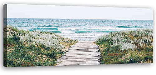 Feeby Vlies Leinwandbild Wasser Strand Sand Wellen Meer 150x50 cm Wanddeko Design Kunstdruck Zimmerdeko Bilderwand Ostsee Nordsee Gras Grün