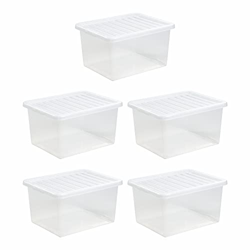 JMS we create smile [Set of 5 x 37 Litre Plastic Clear Crystal Storage Boxes & Lids for Home, Office & Garage Stackable Nestable Made in UK.