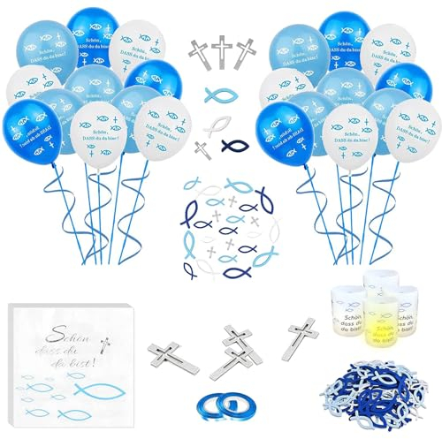 Kommunion Deko, 99 Stück Kommunion Taufe Tischdeko,20 Stück Servietten 'Schön, DASS du da bist!',18 Luftballons 45 Holzfisch 4 Windlicht Fisch 10 Kreuze,2 rollen band,für Taufe, Kommunion Konfirmation