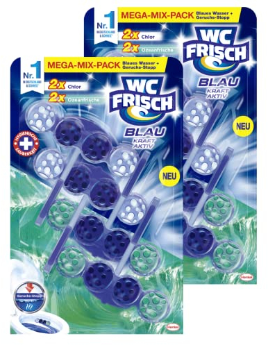 WC FRISCH Kraft Aktiv Blauspüler Mix Chlor + Ozeanfrische, 2er Pack (4x50g), WC Reiniger für Reinigung bei jeder Spülung, + 50% Anti-Kalk Effekt*